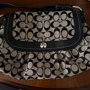 Coach Black and Cream Signature Canvas Shoulder Bag with Leather Trim and Flap